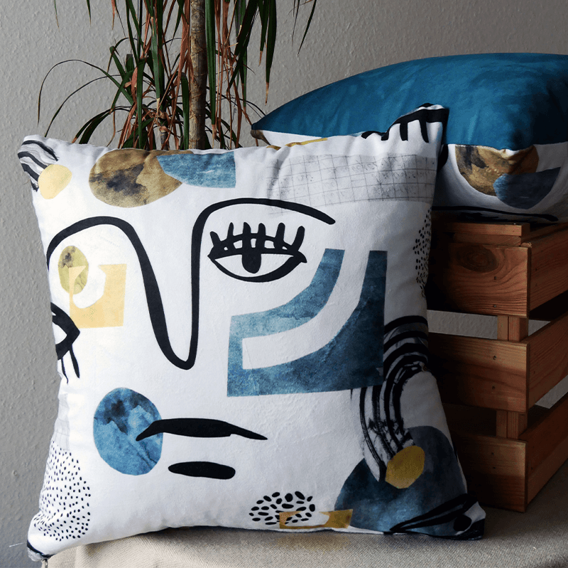 Coussin visage ligne bleu et jaune